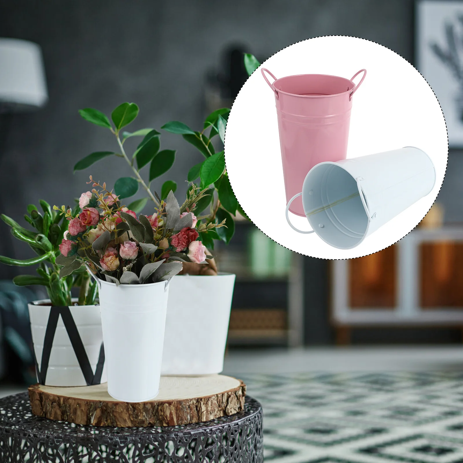 

2pcs Iron Flower Bucket Double Ear Design For Garden Decorative Use Farmhouse Decoration Gardening Planter Metal Flower Holder