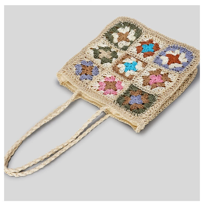 SANGUSTI Retro Hand Knitting  Straw Bag Ethnic Style Patchwork Floral Fashion Versatile Handbag Vacation Shoulder Bag