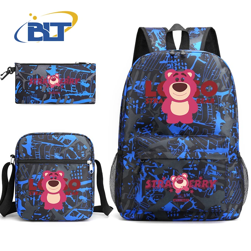 Cute lotso bear print kids school bag set student backpack shoulder bag pencil case 3-piece set for boys and girls