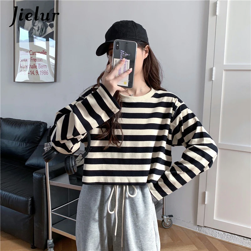 

Spell Color Striped Women's Sweatshirt Harajuku Korean Style Fashion Loose Thin Female Pullover Autumn New Cropped Hoodie M-XL