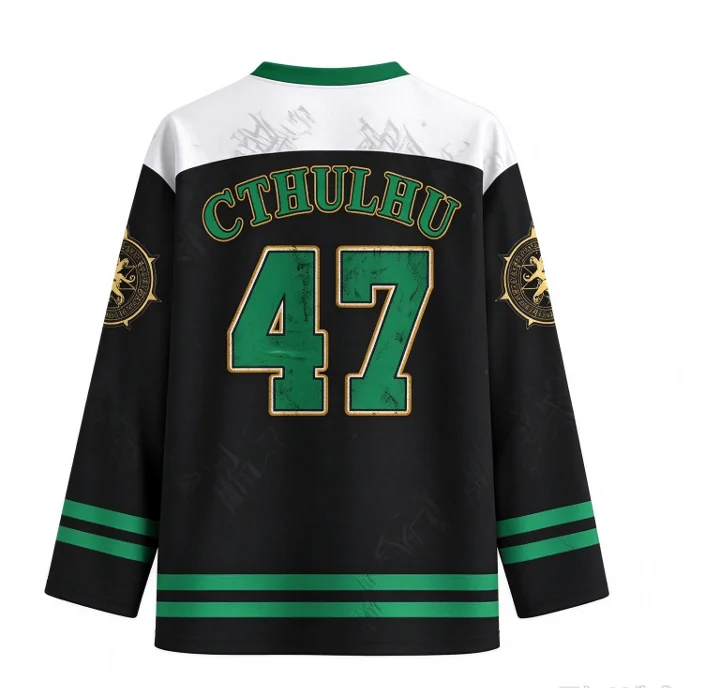 Retro Cthulhu Mythos Hockey Jersey, Number 47 Graphic Long Sleeve V Neck Hockey Shirt, Gothic Streetwear Cosplay Costume Top