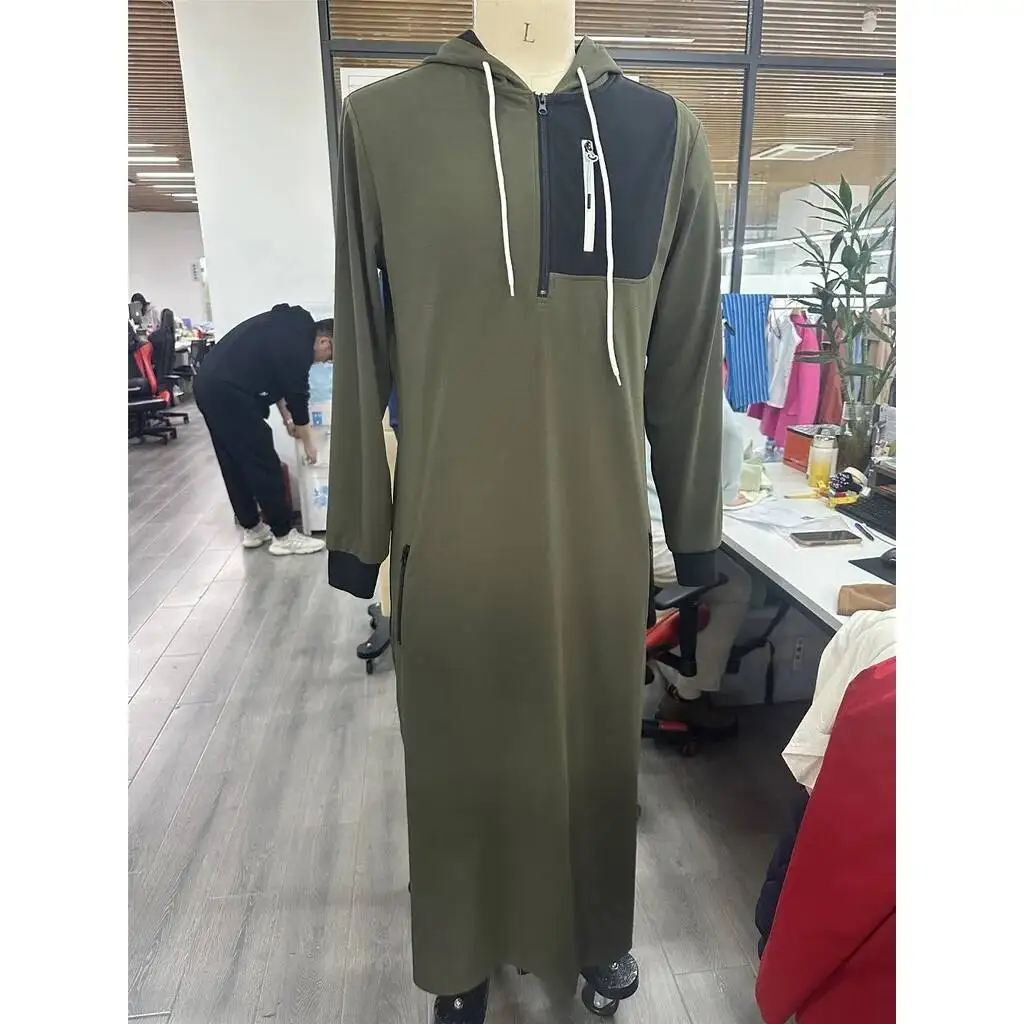 Jubah Thobe Lengan Panjang Pakaian Muslim untuk Pria Arab Hoodie Kaftan Hoodie Panjang