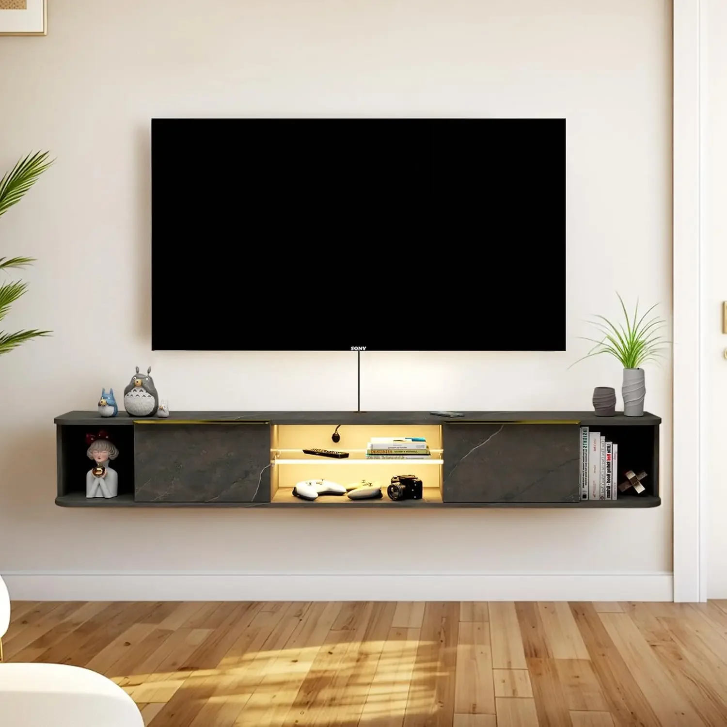 LED Floating TV Stand with 2 Drawers for 75 inch TV,70'' Floating TV Console with LED Lights,Floating Entertainment Shelf