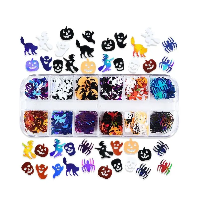 1Box Halloween Nail Art Glitter Sequins Skull Spider Pumpkin Bat Ghost Witch Multi-Designs Halloween Confetti Glitter For DIY