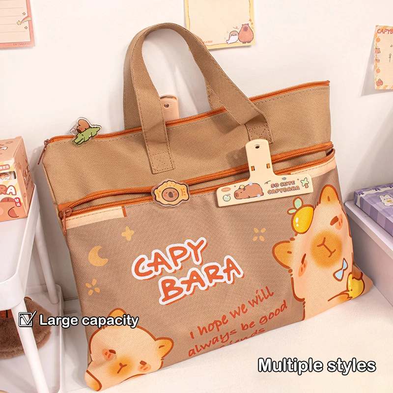 Fashionable Cute Storage Bag Large Capacity Children Handbag Waterproof Cartoon Capybara Zipper Handbag Durable Documents Bag