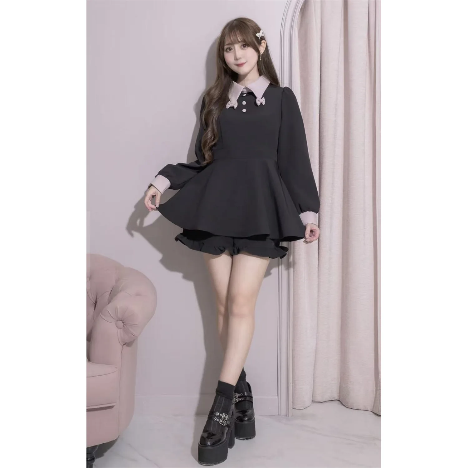 Otoño nuevo 2025 estilo japonés de las mujeres Slim Fit vestido de manga larga y pantalones cortos conjunto niñas dulce elegante Top corto conjunto de 2 piezas