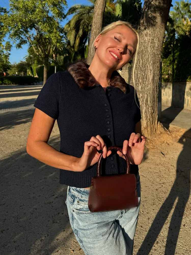 

HH женский модный кардиган с коротким рукавом темно-синий леопардовый принт с отложным воротником однобортный женский осенний повседневный топ