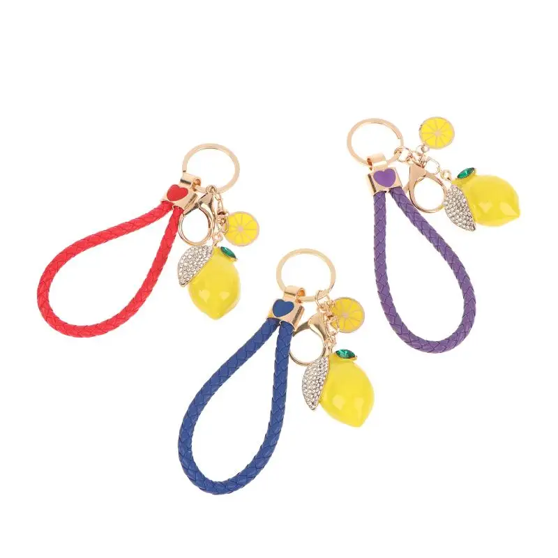 Niedlicher Zitronen-Schlüsselanhänger, modischer Zitronen-Schlüsselring mit Strass, geflochtenes PU-Lederband, Taschenanhänger, Dekoration, schöne Geschenke – Detail 7