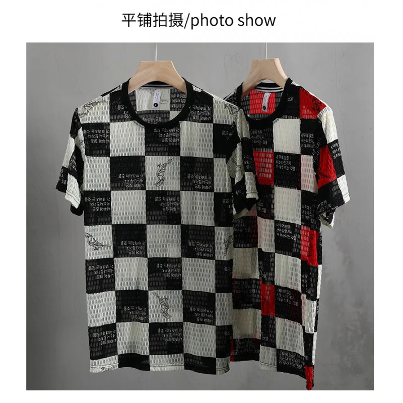 Summer New Men Short Sleeve T-shirt Korean Youth Contrast Print Plaid Stripe Patchwork O Neck Loose Casual Versatile Thin Top