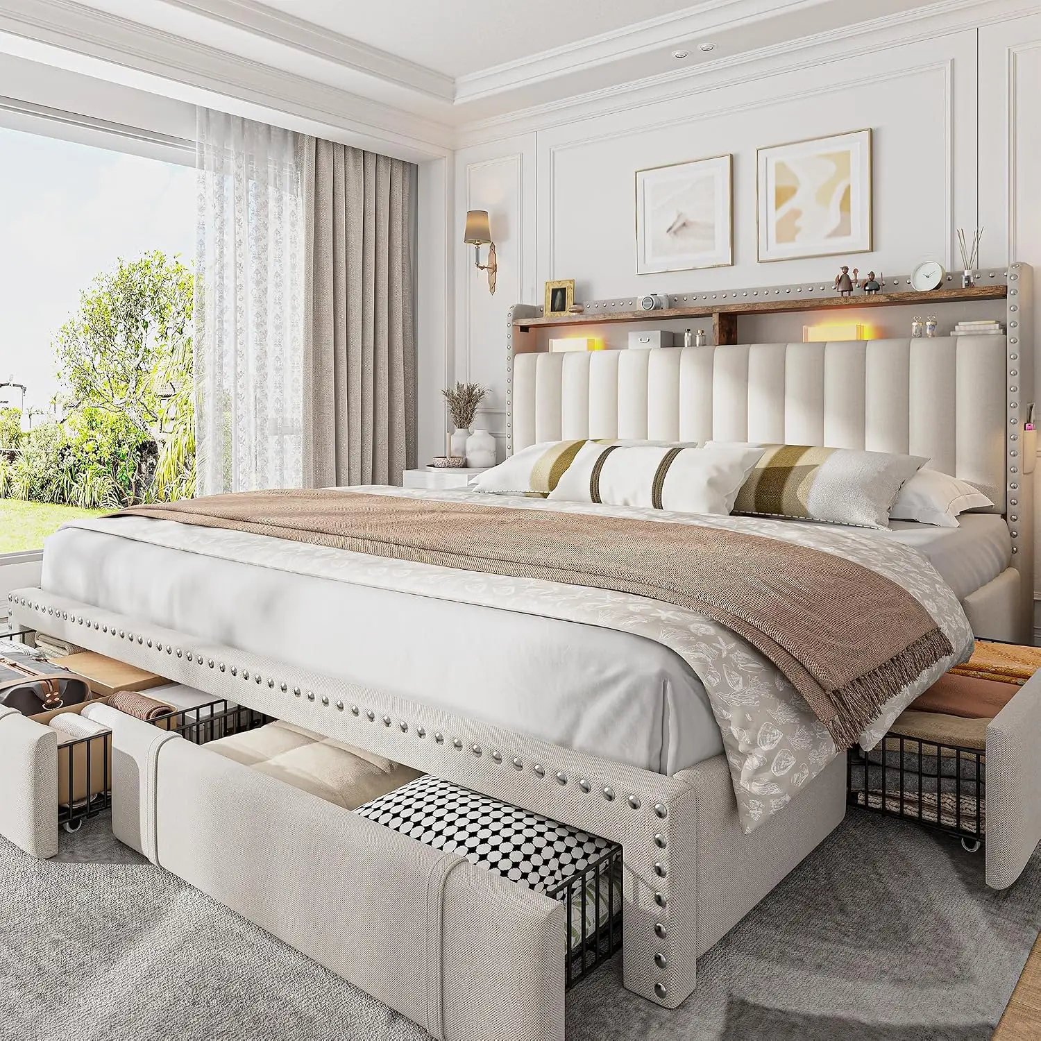 King Size Bed Frame With Storage Drawers - 킹사이즈 침대 프레임, 수납 서랍 4개