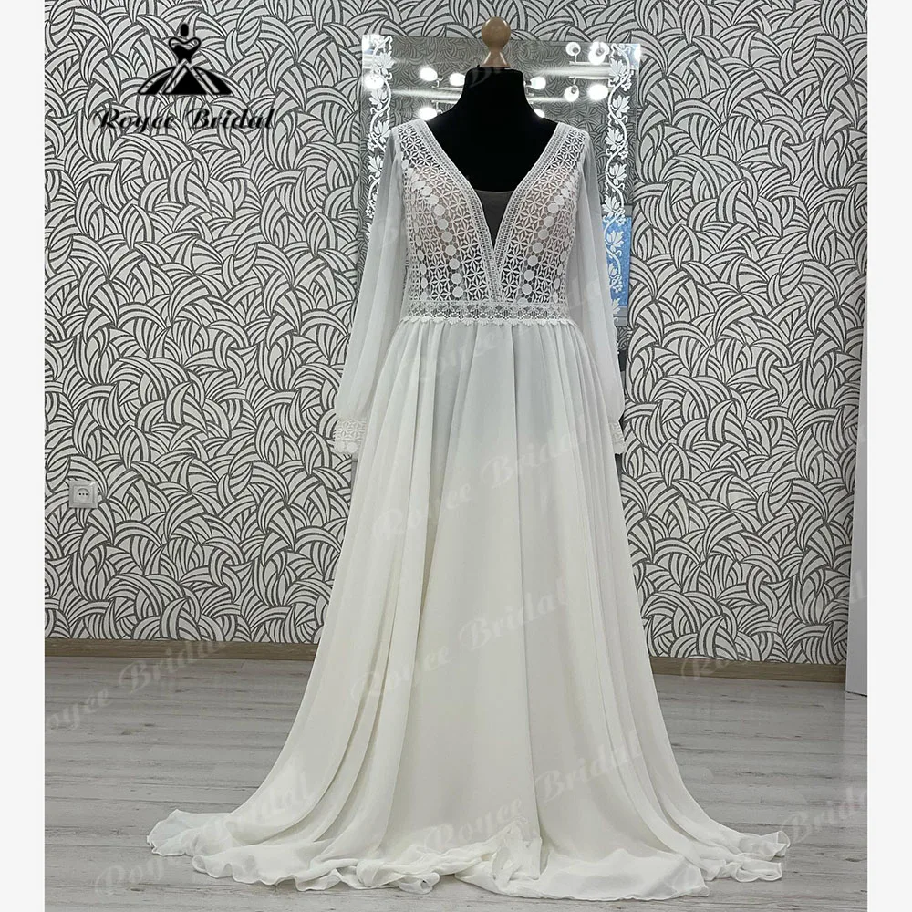 Modest V Neck Long Sleeve Lace Chiffon Boho Wedding Dress for Women 2024 Bridal Gown Lace Up Back vestidos de novia bohemio