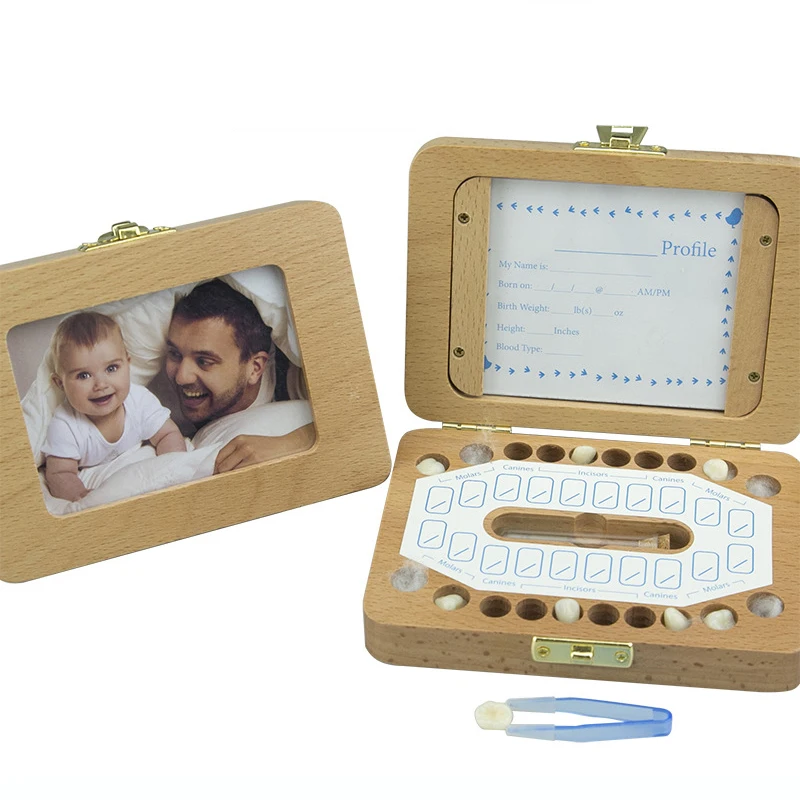 Baby Wood Tooth Box denti Keepsake Box Photo Frame denti Lanugo Holders contenitore Organizer lingua spagnolo inglese giapponese