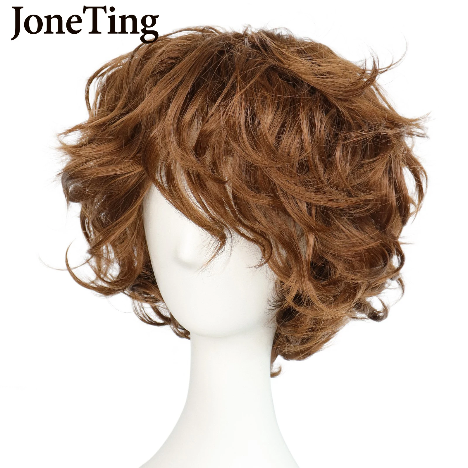 JT Synthetic Brown Men\'s Short Wavy Wigs with Bangs Orange Curly Heat Resistant Fiber Cosplay Wig Machine Made Halloween Party