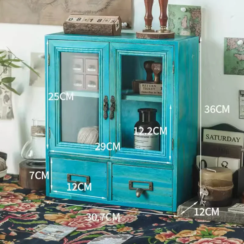 Cute Beautiful Handmade Tabletop Standing Vintage Wood Mini Cabinet with Doors Drawers