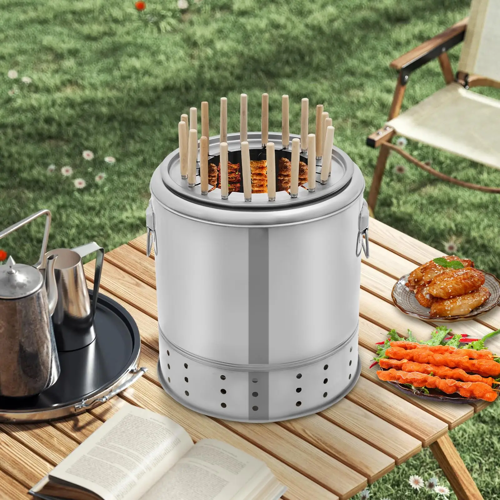 20 Skewers Bbq Barrel Smoker Grill Stainless Steel Portable Compact Bbq Charcoal Grill, Barrel Charcoal Grills with Complete Acc