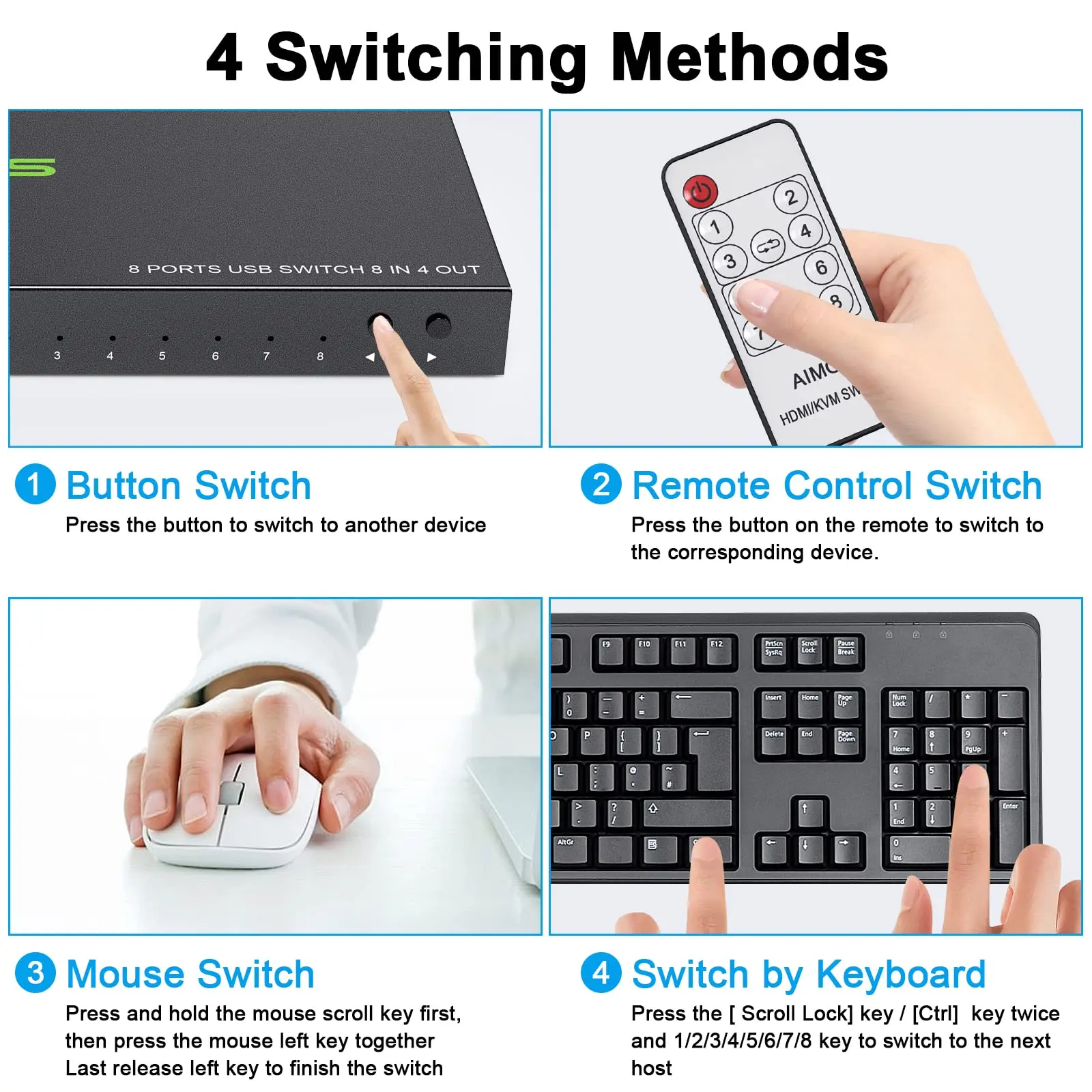 AIMOS KVM 8 in 4 Out USB Switch ,Printer Sharer Switcher Hub 8 PC Sharing 4 USB Devices S…