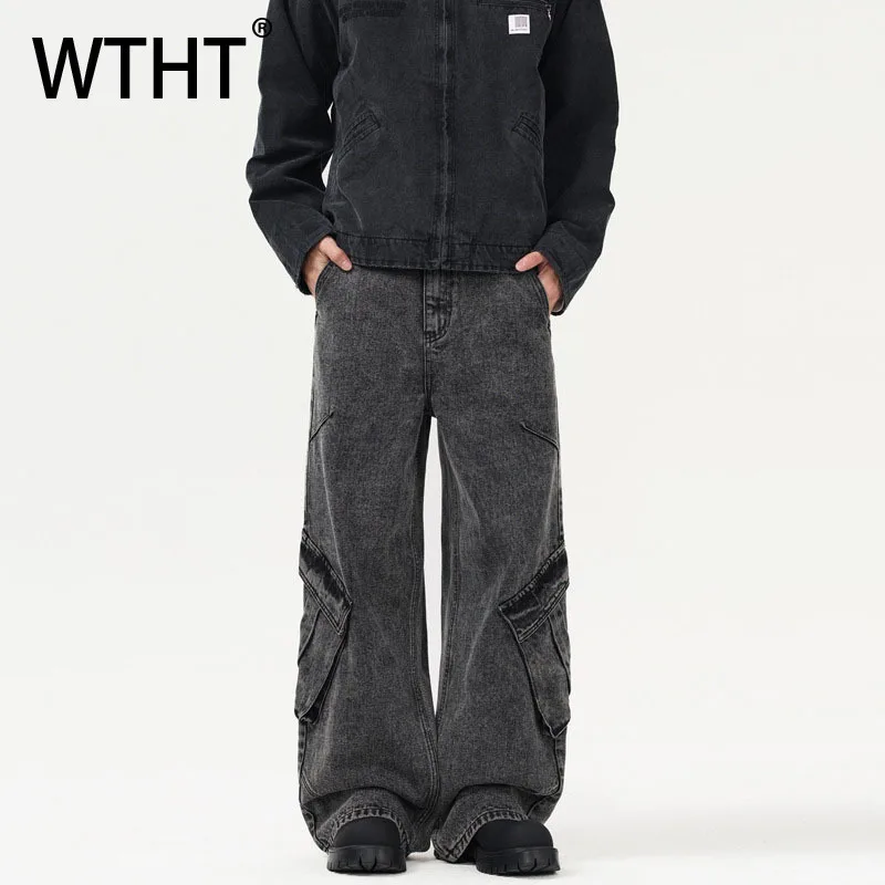 WTHT Vintage Men's Spliced Big Pockets Design Denim Pants Fashion New High-waisted Wide Leg Jeans Male 2025 Autumn 2A2302