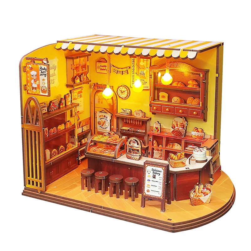บ้านตุ๊กตาไม้รุ่นใหม่ ร้านเบเกอรี่จิ๋ว พร้อมชุดเฟอร์นิเจอร์ แบบประกอบ 3 มิติ ของเล่น DIY บ้านตุ๊กตาสำหรับเด็กและผู้ใหญ่ ของขวัญคริสต์มาส