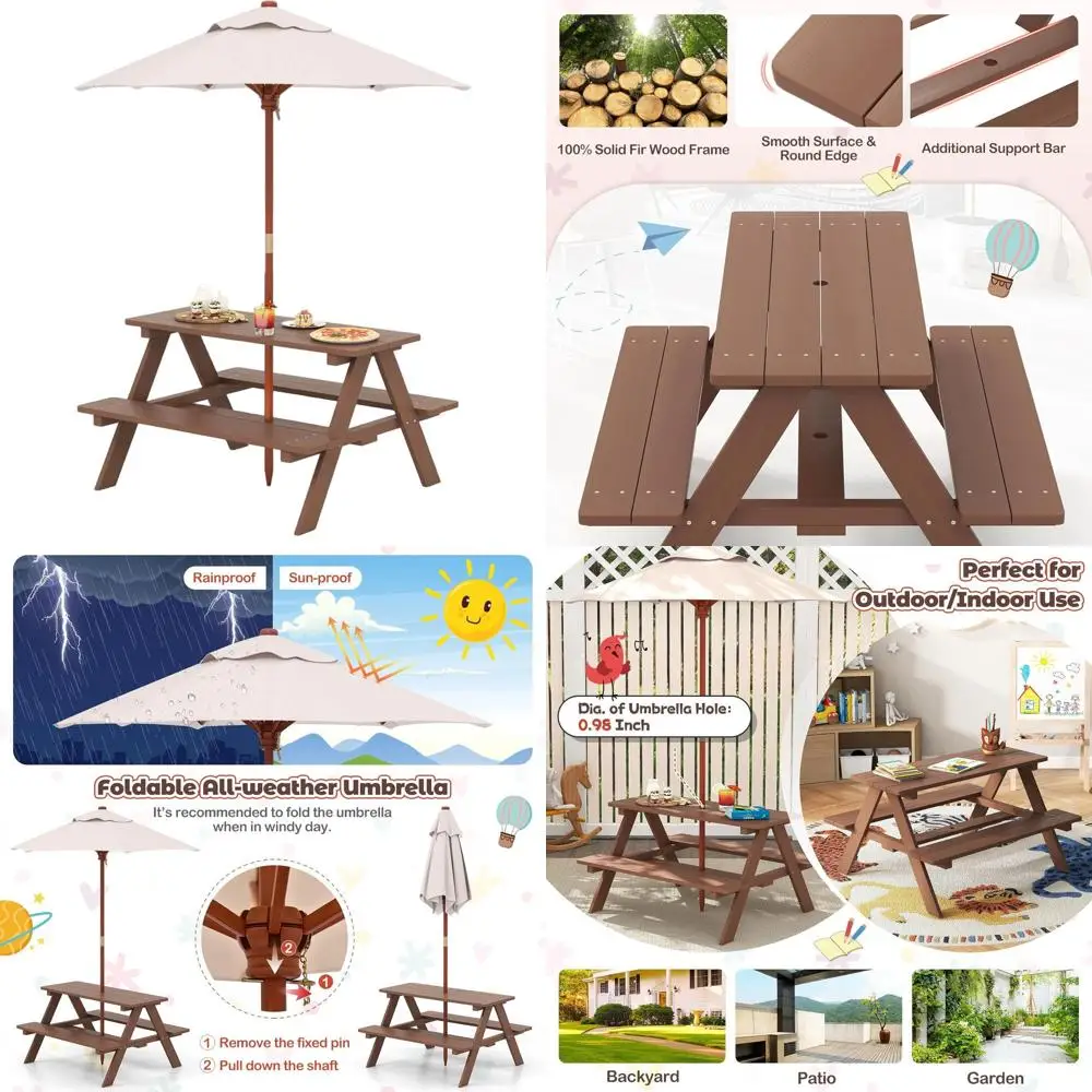

Children's Wooden Picnic Table Set with Umbrella, Outdoor Bench for Toddlers, Unisex Patio Furniture