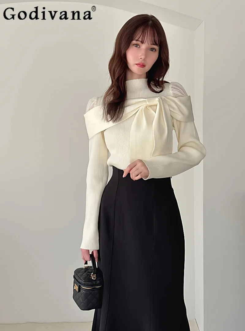 

Japanese Sweet and Cute Girl Bow Off-the-shoulder Knitted Sweater 2026 Spring New Solid Color Slim-fit Versatile Top