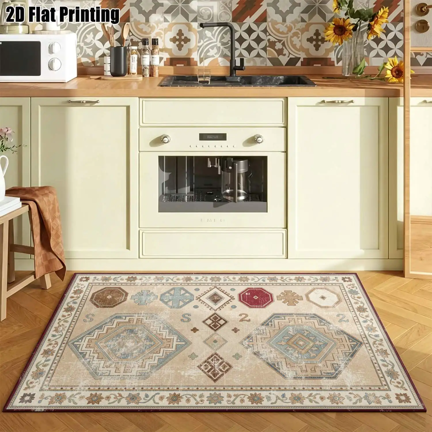 1Pc 2D Printed Gray-Brown Retro Floral Carpet, Ideal for Minimalist Living Rooms, Multiple Sizes, Machine Washable, Suitable for Multi-Scene Use