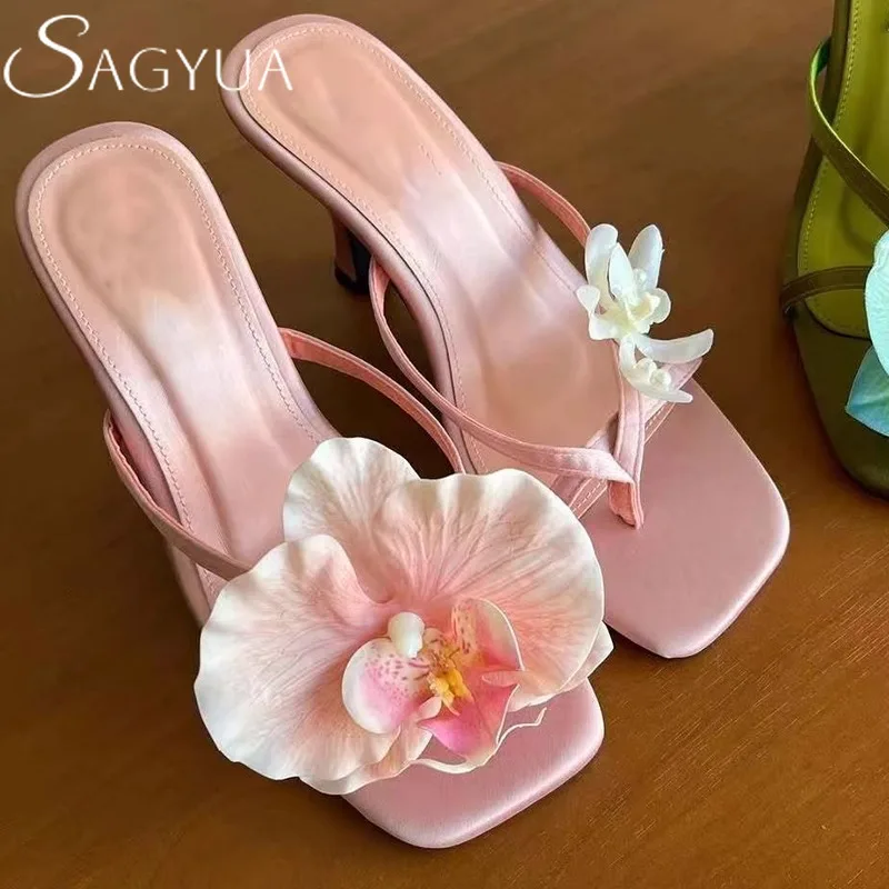 

Square Toe Flip Flops Flower Clip Toe Slippers High Heels Shoes Women Sandals 2025 Trend New Dress Summer Shallow Pumps Mujer