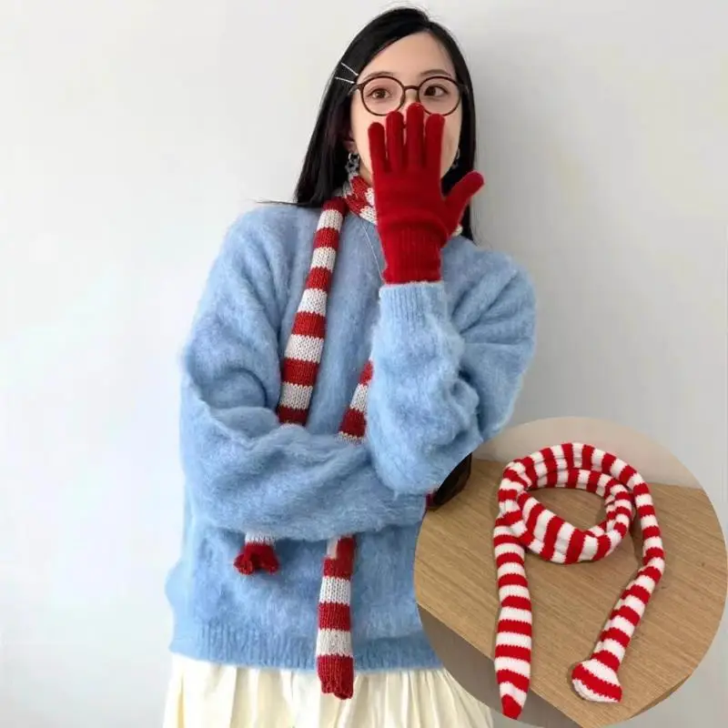 Harajuku قطاع مخطط وشاح متعدد الألوان رقيقة شريط محبوك وشاح الرقبة ضئيلة ضيق الشريط الأوشحة كل مباراة رقيقة منديل