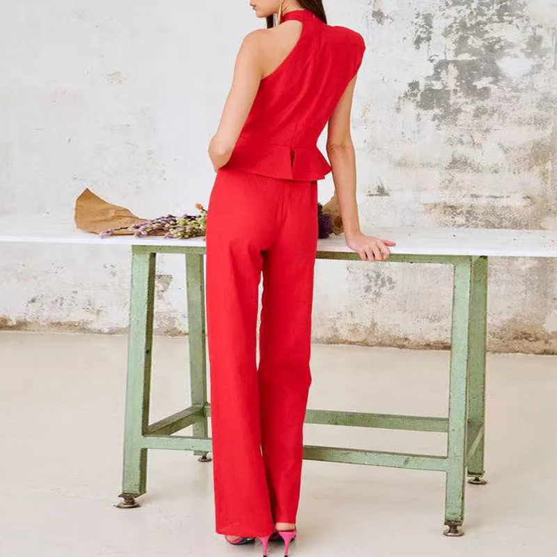 여름 신상 여성 스트레이트 팬츠 롬퍼 패션 불규칙 오프숄더 점프수트 캐주얼 솔리드 컬러 슬리브리스 홀터 플레이수트