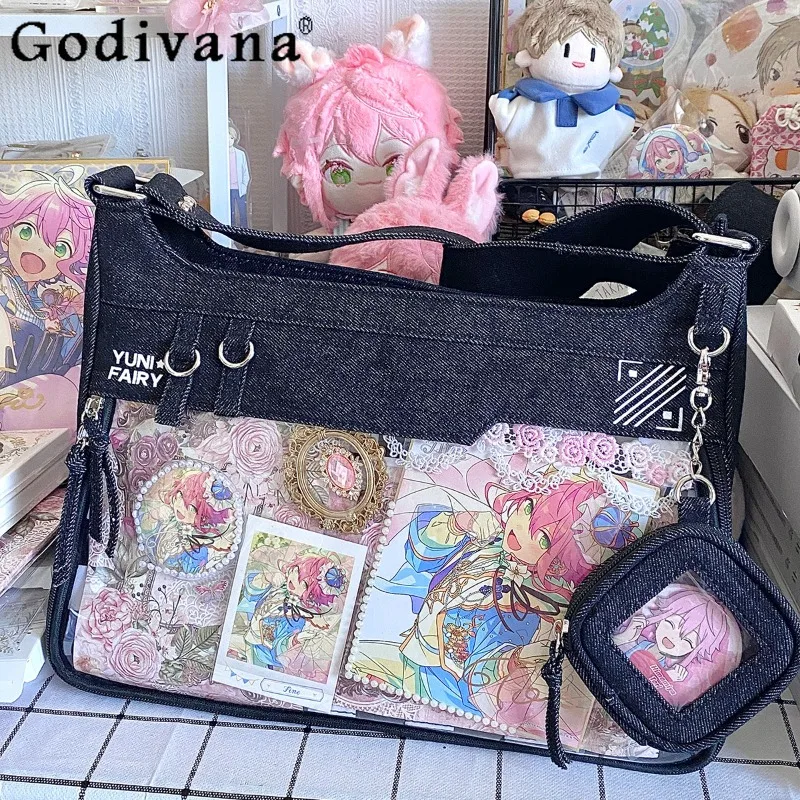 

2D Japanese Style Lolita Large Capacity Denim Single Shoulder Bag Simple Student Daily Commute Casual Crossbody Bag