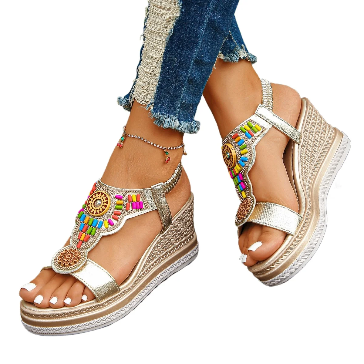 Böhmischer Stil, Keilabsatz-Sandalen für Damen, Sommer, 2022, dicke Sohle, rutschfeste Strandschuhe, Damen, bunte Perlen, klobige Plateau-Sandalen