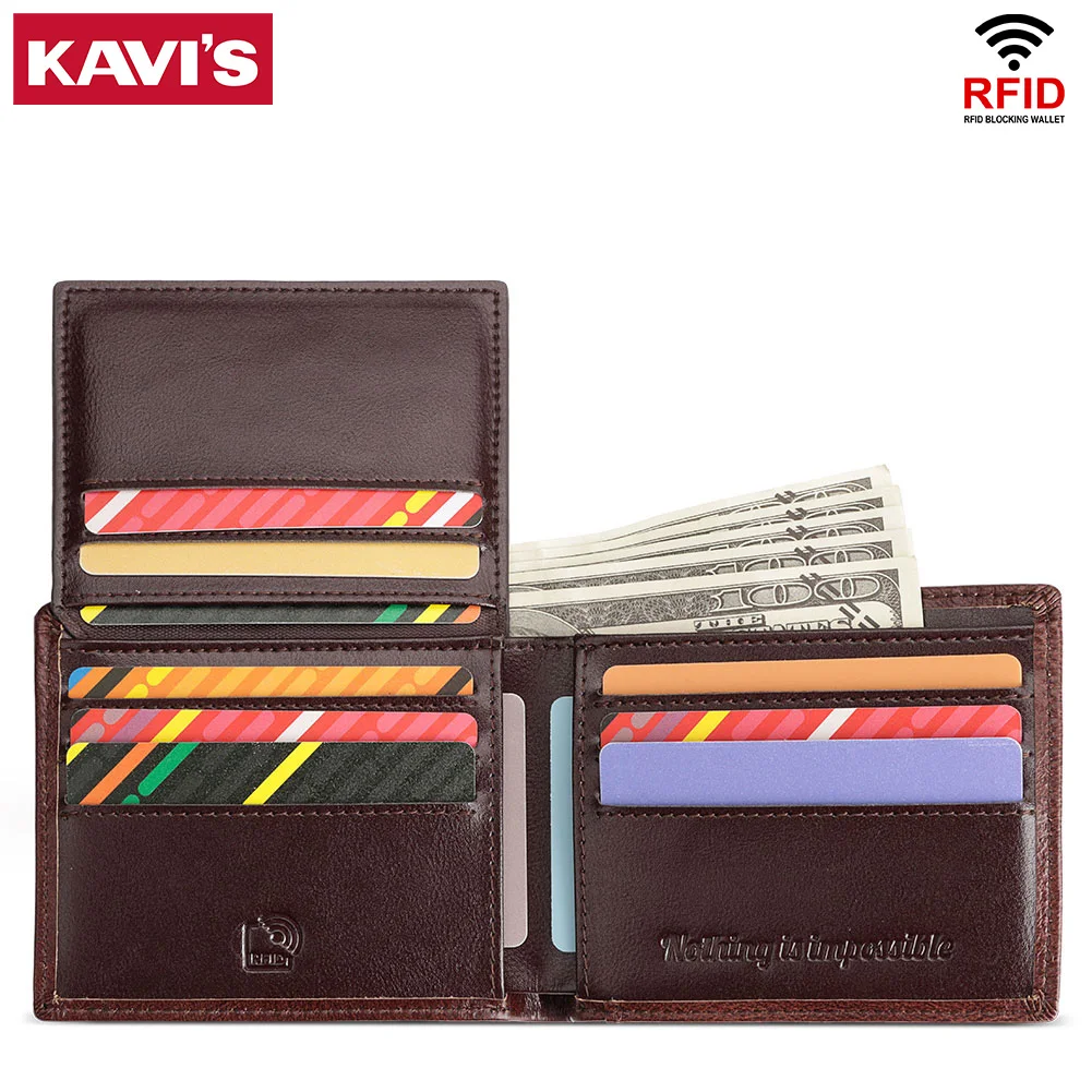 KAVIS Handmade Men\'s Wallet Genuine Leather RFID Card Holder with ID Window Large Capacity Male Storage Money Bag Fashion