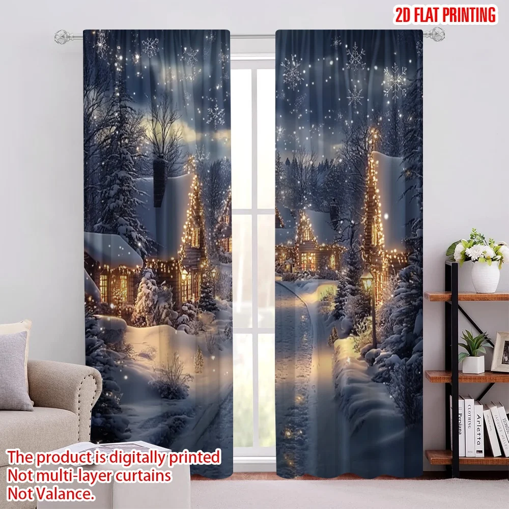 

2pcs 2D flat printing Christmas Party Curtain snow scene Fabric Without Electricity Birthday Party for Outdoor and Home Garden