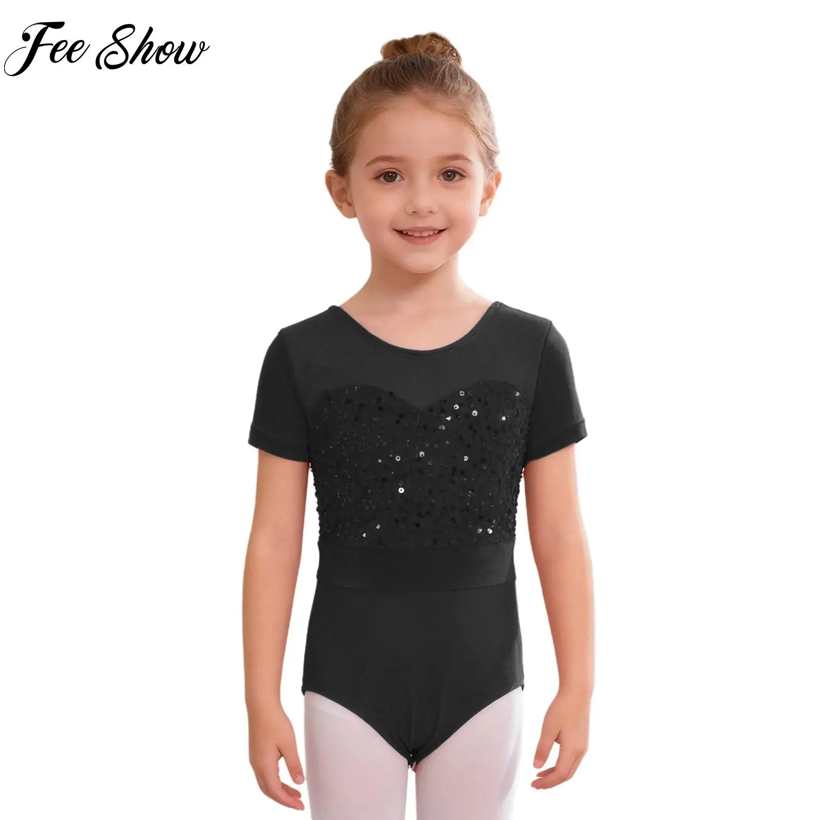 

Kids Girl Gymnastics Figure Ice Skating Ballet Dance Costume Short Sleeve Sequins Velvet Press Buttons Crotch Leotard Bodysuit