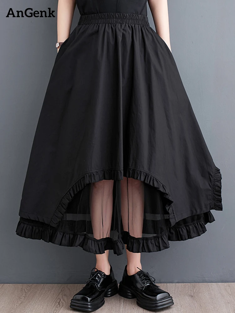 Mesh Patchwork Black Vintage High Waist Skirt Women New Irregular Plus Size Fashion Loose Casual Midi Skirts Clothes Summer 2024