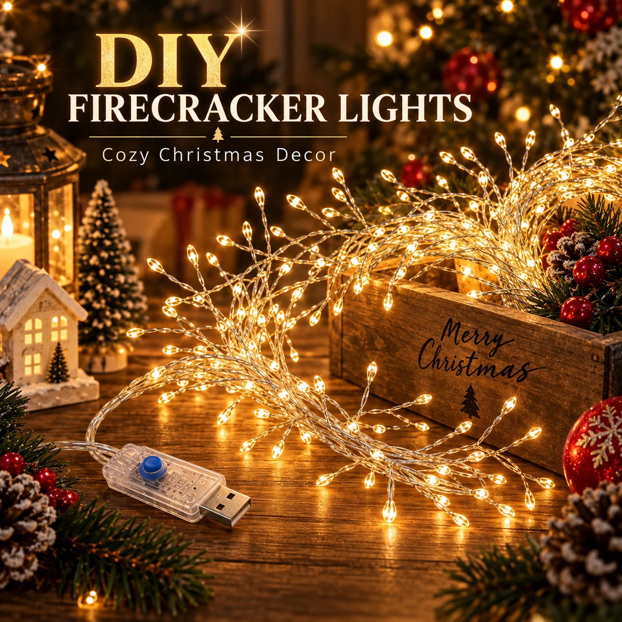 Christmas Firecracker Lights USB Powered 100LED/200LED 8 Modes Cluster String Lights for Tree Window Patio Party Holiday Decor