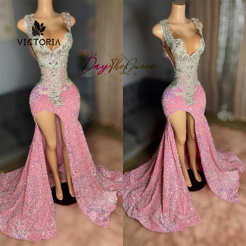 Sweety Pink Sequin High Split Silver Crystal Luxury Prom Dress 2024 For Blackgirls African Mermiad Birthday Party Customized