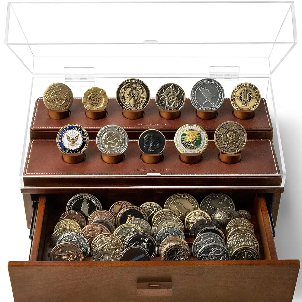 Premium Challenge Coin Display Case For Up To 50 – Beautiful 360° Views – Extra Large Handcrafted Military Coin Display Case –
