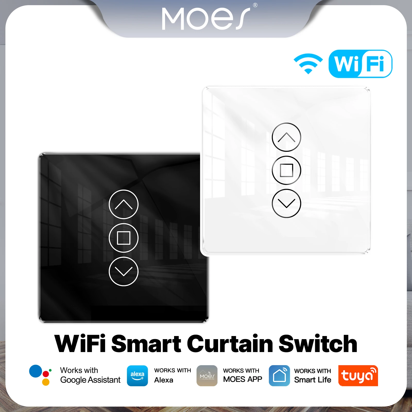 MOES WiFi Smart Curtain Switch 2.5D Arc Glass Touch Panel for Roller Blinds Shutters APP Remote Control Support Alexa GoogleHome