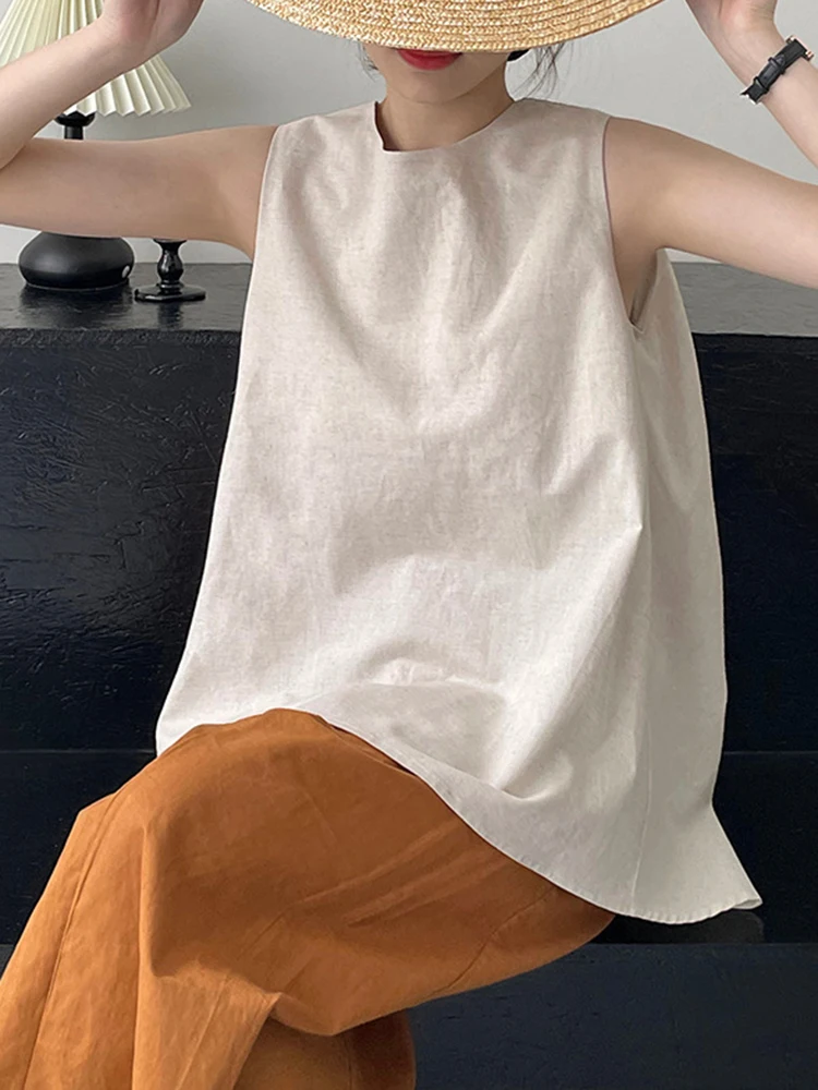 Vrouwen Terug Boog Linnen Elegante Big Size Tank Tops Nieuwe Ronde Hals Mouwloos Persoonlijkheid Mode Lente Zomer