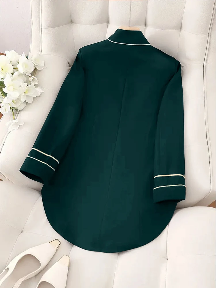 Women's Vintage British Blazer Jacket Dark Green Elegant Stand Collar Long Sleeve Single-Breasted Autumn Fashion Female Jackets