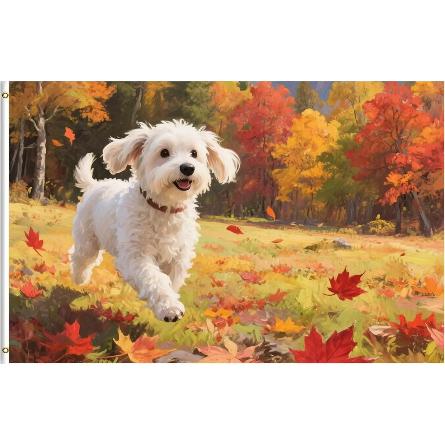 Cute Dog Puppy West Highland Terrier Maple Leaves Autumn Fall Forest Outdoor Flag One Sided Print with Brass Grommets