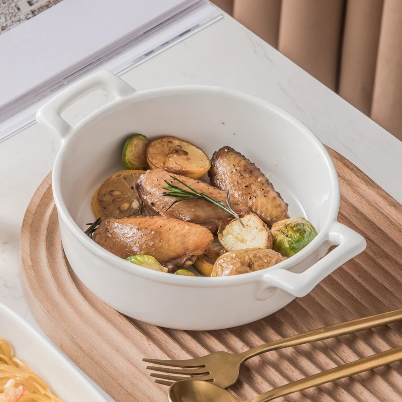 Nordic Pure White Minimalist Double Ear Soup Bowl Large Ceramic Salad Fruit Oven Safe Dish