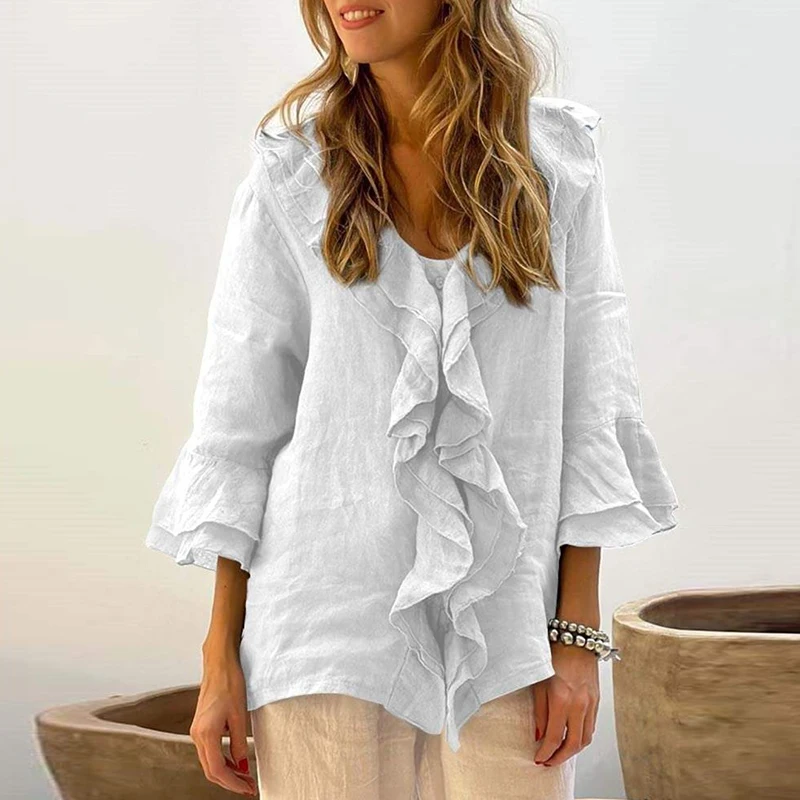 Vintage Casual Solid Ruffle Shirts & Blouses Women Spring Elegant V Neck Button Office Top Autumn 3/4 Flying Sleeve Loose Blusas