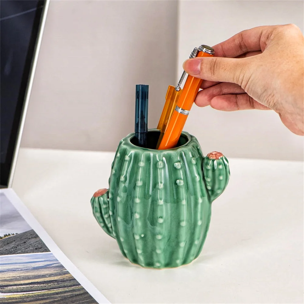 1 PC Cactus Ceramic Pen Holder Stand Cup Pencil Holder Organizer Makeup Brush Holders for Home Office Desk Green White Cactus