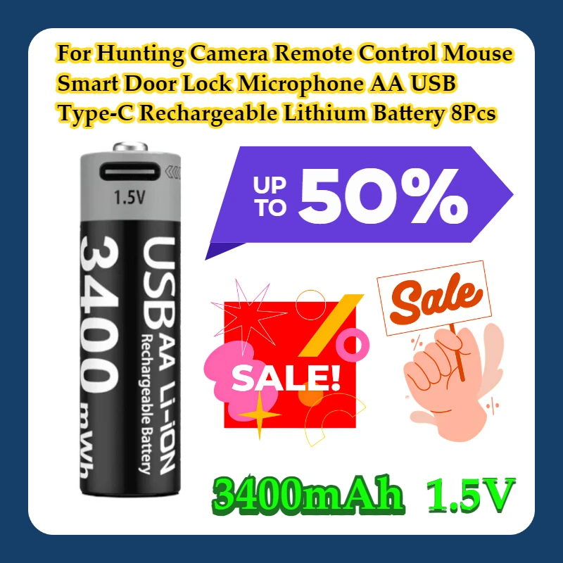 

For Hunting Camera Remote Control Mouse Smart Door Lock Microphone 1.5V AA 3400mAh USB Type-C Rechargeable Lithium Battery 8Pcs