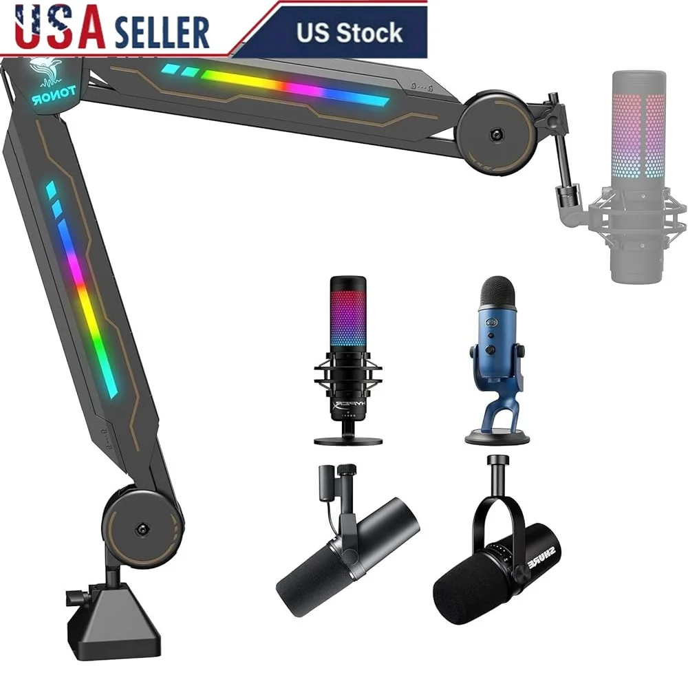 

RGB Mic Boom Arm Adjustable Stand HyperX QuadCast Blue Yeti Rode NT1 Scissor Suspension with 11 Light Modes