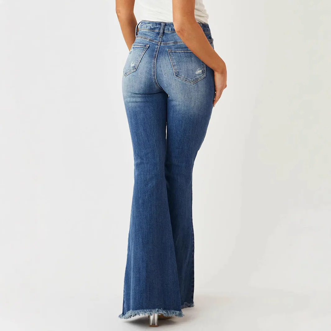 Ladies Mid‑Rise Ripped Slim Stretch Vintage Flared Tassel‑Hem Long Trousers For Autumn Winter Street Daily Denim Jeans