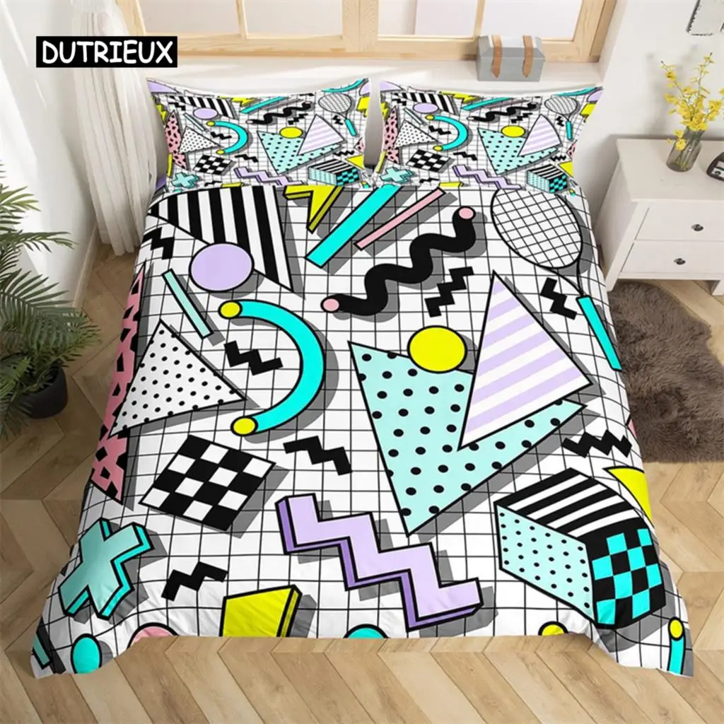 Retro 80s Style Bedding Set Twin King Size Abstract Geometric Pattern Duvet Cover Set Microfiber Circle and Triangle Quilt Cover