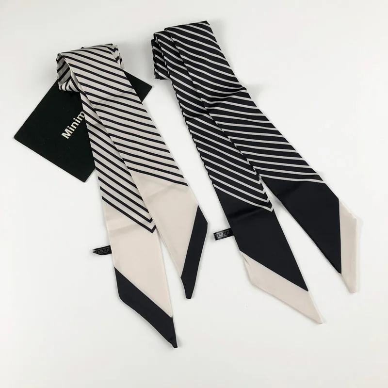 Everything Simple Stripes Thin Narrow Silk Scarf Small Long Female Spring And Autumn Temperament French Double-sided Summer Head