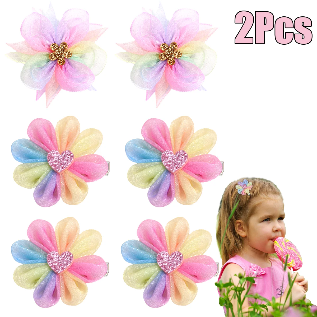 

2Pcs Rainbow Flower Hair Clips Sweet Sparkly Glitter Hairpins Cute Chiffon Headwear For Girls Children Kids Headdress Accesories